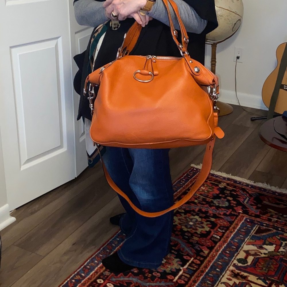 GUCCI Orange Pebbled Leather Icon Horse Bit Large Hobo Bag